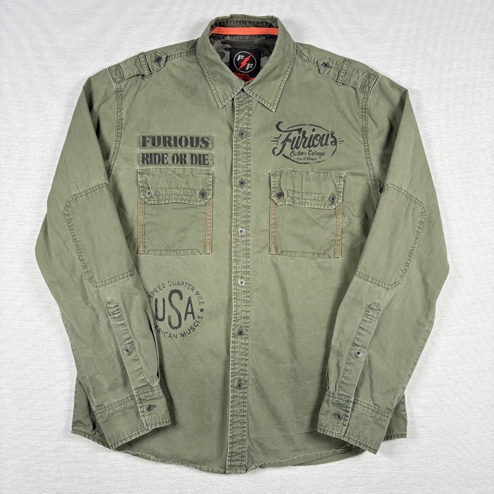 Affliction Fast & Furious Shirt Mens Size M Green Cotton Long Sleeve Button Up